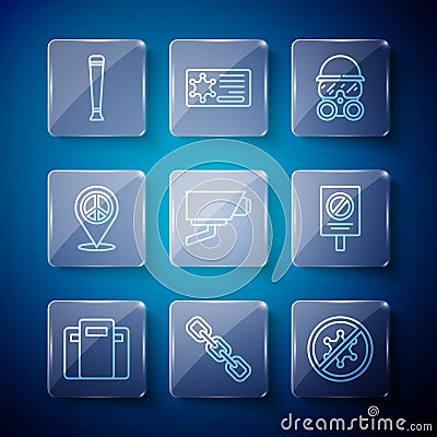 Set line Police assault shield, Chain link, Protest, Gas mask, Security camera, Location peace, rubber baton and icon Vector Illustration