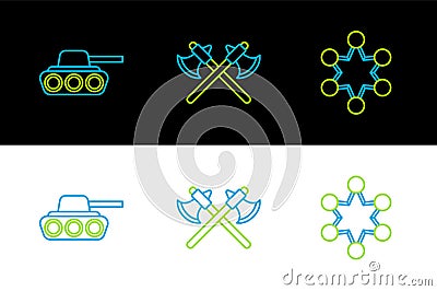Set line Police badge, Military tank and Crossed medieval axes icon. Vector Vector Illustration