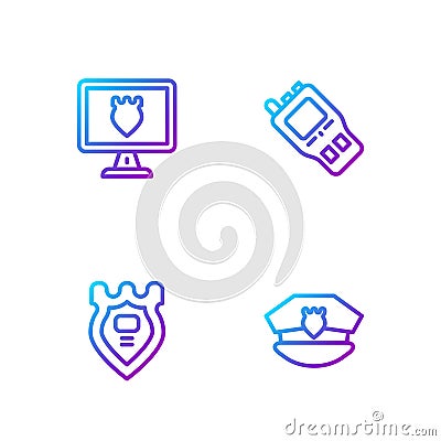 Set line Police cap with cockade, badge, database and Walkie talkie. Gradient color icons. Vector Vector Illustration