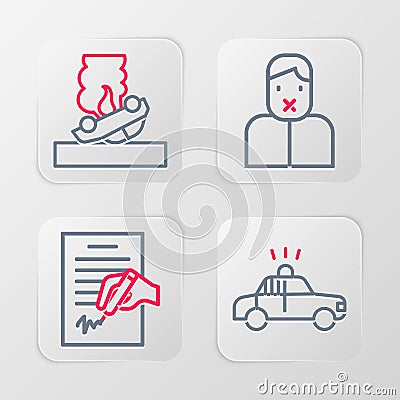 Set line Police car and flasher, Petition, Censor freedom of speech and Burning icon. Vector Vector Illustration