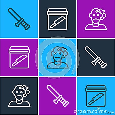 Set line Police rubber baton, Murder and Evidence bag with knife icon. Vector Vector Illustration