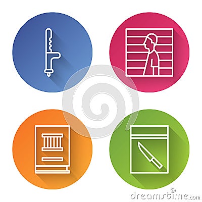 Set line Police rubber baton, Suspect criminal, Law book and Evidence bag and knife. Color circle button. Vector Vector Illustration