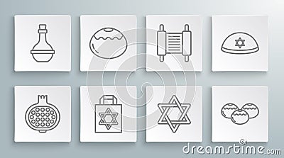 Set line Pomegranate, Jewish sweet bakery, Shopping bag with star of david, Star David, Torah scroll, kippah and wine Stock Photo