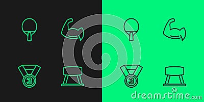 Set line Pommel horse, Medal, Racket and Bodybuilder showing his muscles icon. Vector Stock Photo