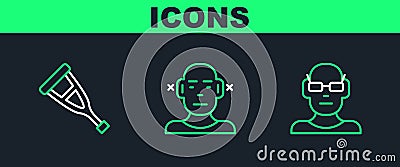 Set line Poor eyesight, Crutch crutches and Deaf icon. Vector Vector Illustration