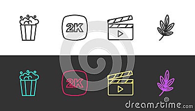 Set line Popcorn in cardboard box, 2k Ultra HD, Movie clapper and trophy on black and white. Vector Stock Photo