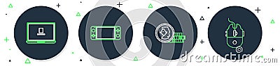 Set line Portable video game console, Coin for, Laptop and Computer mouse gaming icon. Vector Stock Photo