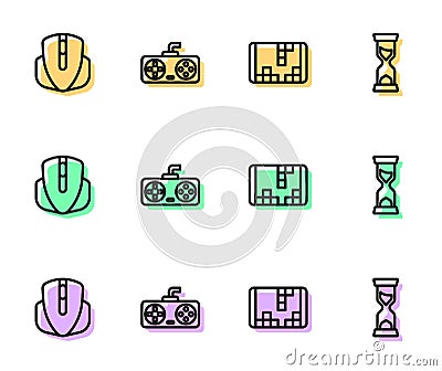 Set line Portable video game console, Computer mouse, Game controller joystick and Old hourglass icon. Vector Vector Illustration