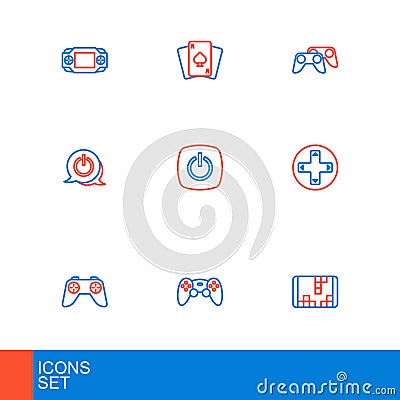Set line Portable video game console, Game controller joystick, Power button, and Playing cards icon. Vector Vector Illustration
