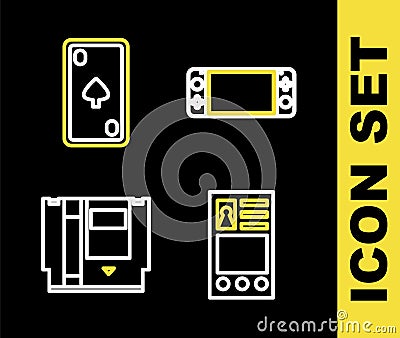 Set line Portable video game console, Create account screen, Cartridge and Playing card with diamonds icon. Vector Stock Photo