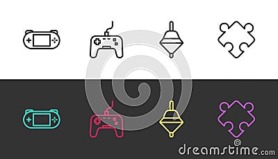 Set line Portable video game console, Gamepad, Whirligig toy and Puzzle pieces on black and white. Vector Vector Illustration