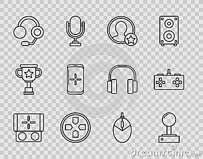 Set line Portable video game console, Joystick for arcade machine, Premium create account screen, Gamepad, Headphones Vector Illustration