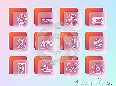 Set line Portable video game console, Web camera, Computer mouse, VS Versus battle, Game controller joystick, rating Vector Illustration