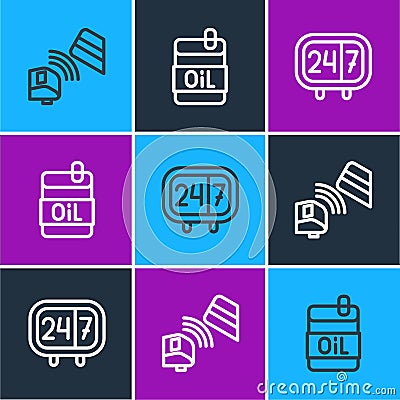 Set line POS terminal with credit card, Clock 24 hours and Bottle of olive oil icon. Vector Vector Illustration