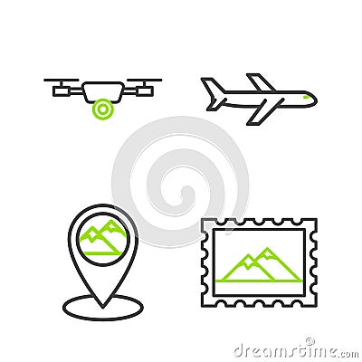 Set line Postal stamp and Mountains, Map pointer with mountain, Plane and Drone flying action video camera icon. Vector Stock Photo