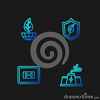 Set line Power station plant factory, Electrical outlet, Earth globe and leaf and Shield with. Gradient color icons Stock Photo