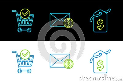 Set line Price tag with dollar, Shopping cart check mark and Envelope coin icon. Vector Vector Illustration