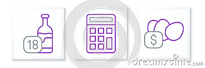 Set line Price tag for egg, Wine bottle and Calculator icon. Vector Stock Photo