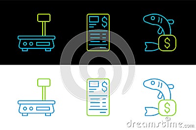 Set line Price tag for fish, Electronic scales and Paper financial check icon. Vector Stock Photo