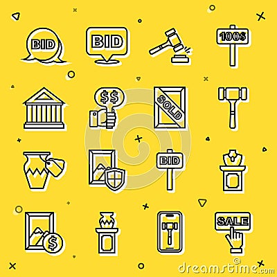 Set line Price tag with Sale, Auction jewelry sale, hammer, Hand holding auction paddle, Museum building, Bid and Vector Illustration