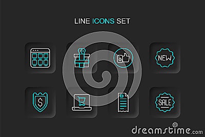Set line Price tag with Sale, Financial check, Shopping cart on screen laptop, Shield dollar, New, Hand like, Gift box Vector Illustration