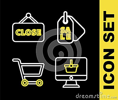Set line Price tag with Sale, Monitor shopping basket, Shopping cart and Hanging sign Closed icon. Vector Stock Photo