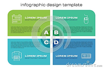 Set line Printer, Calendar, Digital alarm clock and Computer mouse. Business infographic template. Vector Vector Illustration