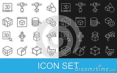 Set line Printing house industry, 3D printer, Isometric cube, and Filament for icon. Vector Vector Illustration