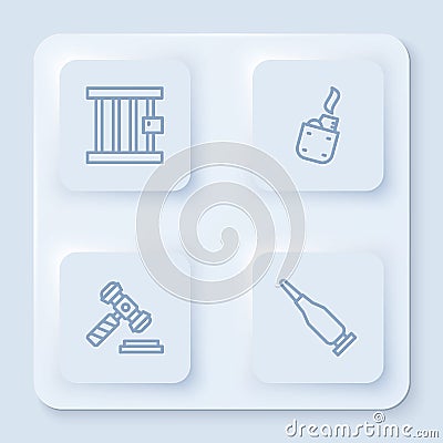 Set line Prison window, Lighter, Judge gavel and Bullet. White square button. Vector Vector Illustration