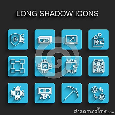 Set line Processor chip with dollar, Cryptocurrency bitcoin circuit, Shield, Pickaxe, exchange, ASIC Miner and wallet Vector Illustration
