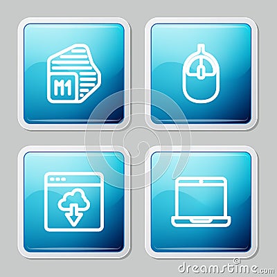 Set line Processor, Computer mouse, Cloud technology data transfer and Laptop icon. Vector Vector Illustration