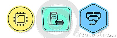 Set line Processor with CPU, Burger and Virtual reality glasses. Colored shapes. Vector Vector Illustration