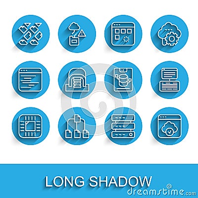 Set line Processor with CPU, Folder tree, Data stream, Server, Data, Web Hosting, Cloud technology data transfer, Hangar Stock Photo