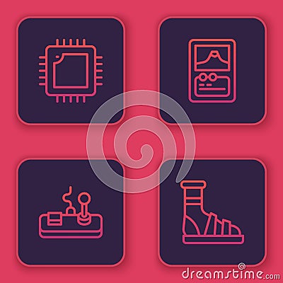 Set line Processor with CPU, Gamepad, Card game and Slippers socks. Blue square button. Vector Stock Photo