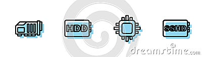 Set line Processor with CPU, Video graphic card, Hard disk drive HDD and SSHD icon. Vector Vector Illustration