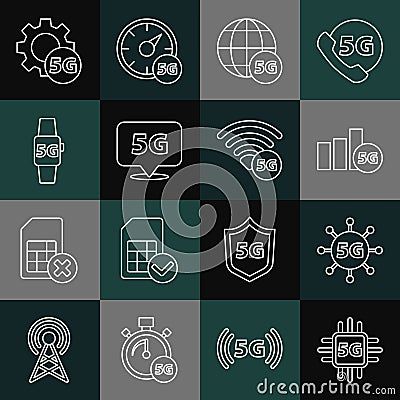 Set line Processor 5G, network, Location, Smart watch, Setting and icon. Vector Vector Illustration