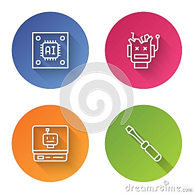 Set line Processor with microcircuits CPU, Broken robot, Robot and Screwdriver. Color circle button. Vector Stock Photo