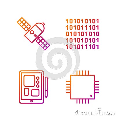 Set line Processor with microcircuits CPU, Graphic tablet, Satellite and Binary code. Gradient color icons. Vector Vector Illustration
