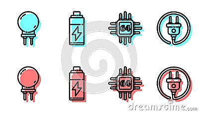 Set line Processor with microcircuits CPU, Light emitting diode, Battery and Electric plug icon. Vector Vector Illustration