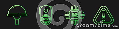 Set line Processor with microcircuits CPU, Light emitting diode, Electrical outlet and Exclamation mark in triangle Vector Illustration