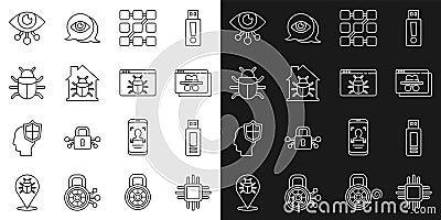 Set line Processor with microcircuits CPU, USB flash drive, Browser incognito window, Graphic password protection, House Stock Photo