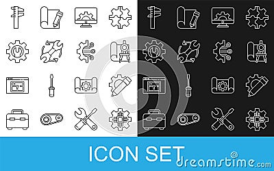 Set line Processor, Pencil and gear, Graphing paper compass, Computer monitor, Wrench arrows workflow, spanner, Calliper Vector Illustration