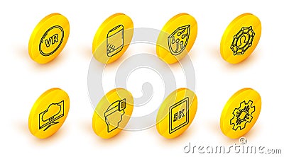 Set line Processor, Tablet with text 5k, Virtual reality glasses, Computer monitor screen, Project team base, Cyber Stock Photo