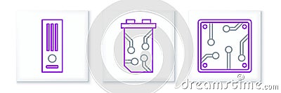 Set line Processor, Video game console and graphic card icon. Vector Stock Photo