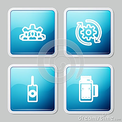 Set line Project team base, Gear and arrows workflow, Remote control and POS terminal icon. Vector Vector Illustration