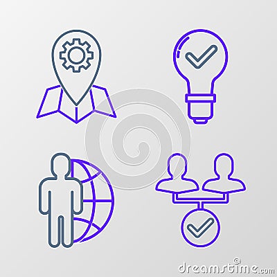 Set line Project team base, Globe and people, Light bulb check mark and Location job icon. Vector Vector Illustration