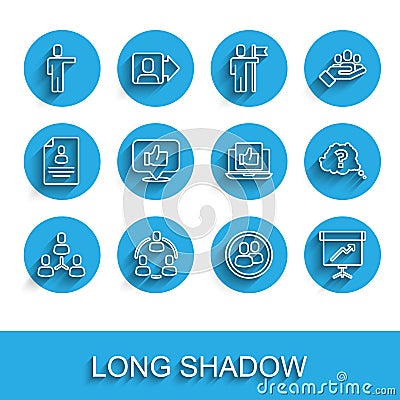 Set line Project team base, Head hunting, Chalkboard with diagram, Hand like, Question mark and icon. Vector Vector Illustration