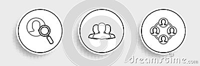 Set line Project team base, Magnifying glass for search people and Users group icon. Vector Vector Illustration