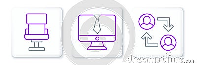 Set line Project team base, Office chair and Video chat conference icon. Vector Vector Illustration
