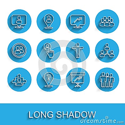 Set line Project team base, Question mark, Head hunting, Chalkboard with diagram, Users group, and icon. Vector Vector Illustration